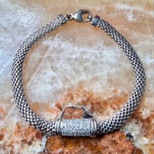 STERLING SILVER Elegant Mesh Link Chain Bracelet With Clear Stones Italy 🇮🇹